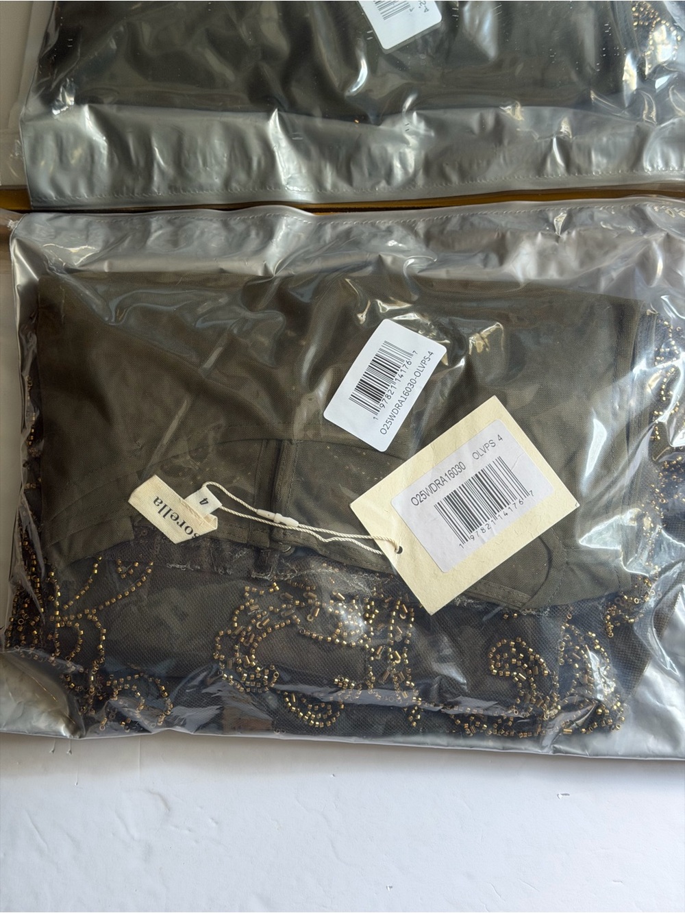 Few Moda sorella NWT Ora Olive Green Embellished Beaded Sheer Mesh Dress - Picture 3 of 6